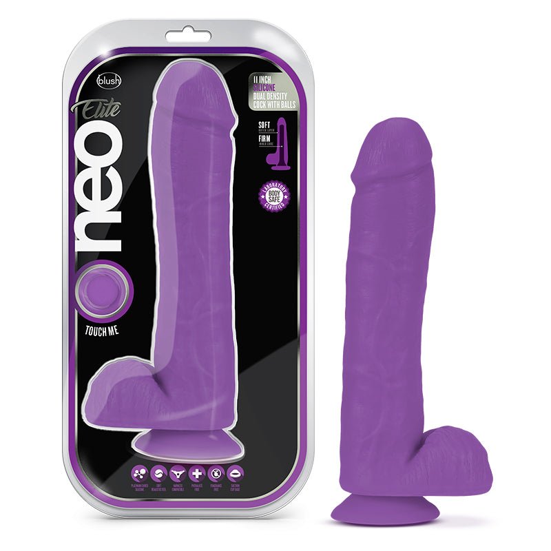 Neo Elite 11 in. Silicone Dual Density Dildo with Balls Neon Purple - Royal Sins