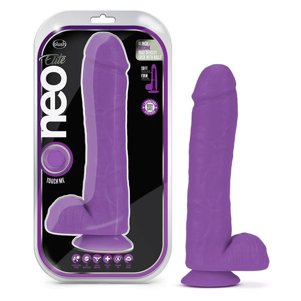 Neo Elite 11 in. Silicone Dual Density Dildo with Balls Neon Purple - Royal Sins
