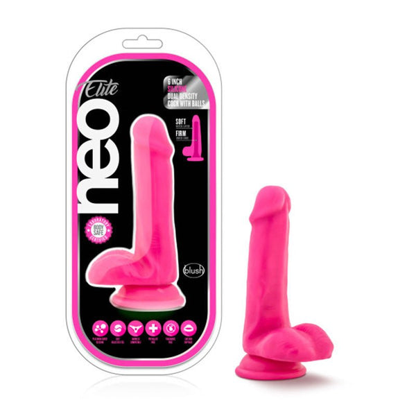 Neo Elite 6 in. Silicone Dual Density Dildo with Balls Neon Pink - Royal Sins
