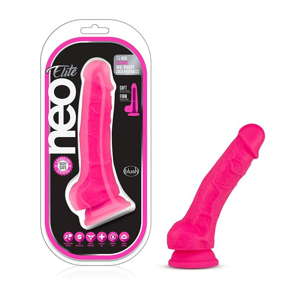 Neo Elite 7.5 in. Silicone Dual Density Dildo with Balls Neon Pink - Royal Sins