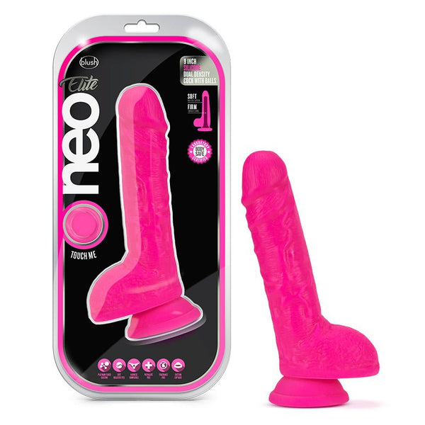 Neo Elite 9 in. Silicone Dual Density Dildo with Balls Neon Pink - Royal Sins