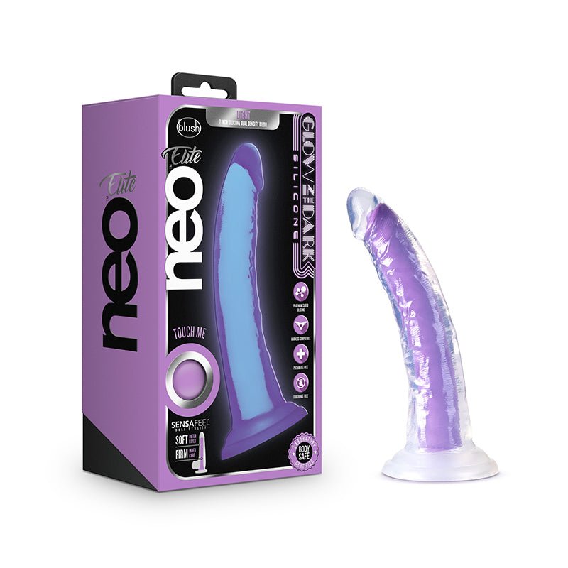 Neo Elite Glow in the Dark Light 7 in. Silicone Dual - Density Dildo Neon Purple - Royal Sins