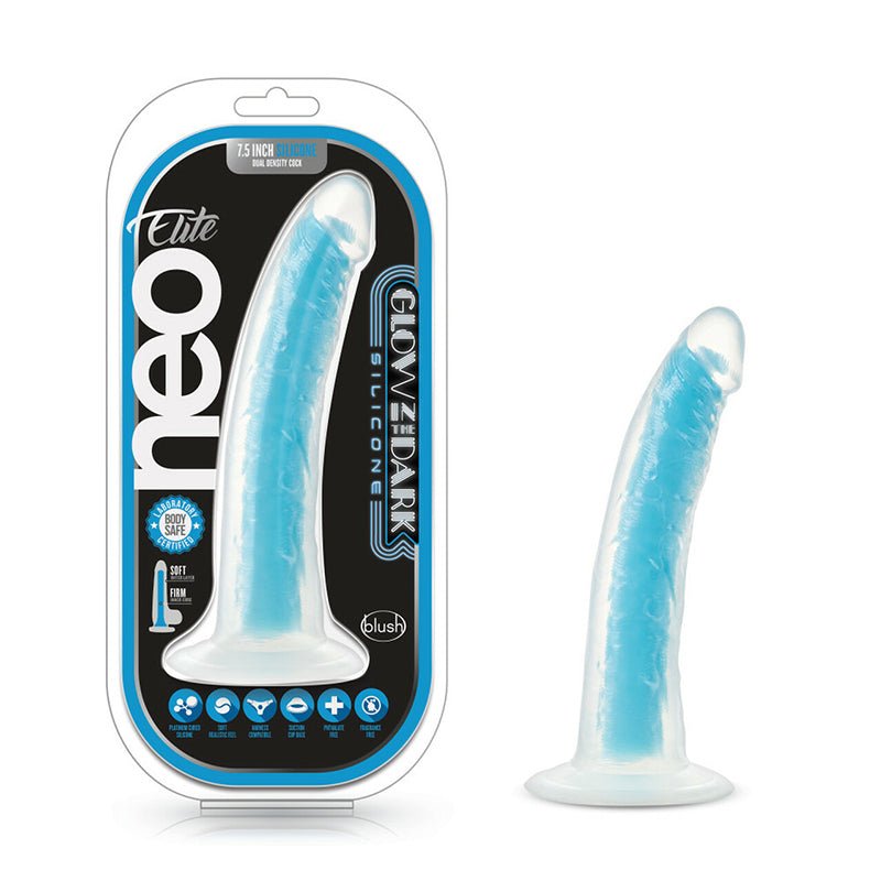 Neo Elite Glow in the Dark Prysm 7 in. Silicone Dual Density Dildo Neon Blue - Royal Sins