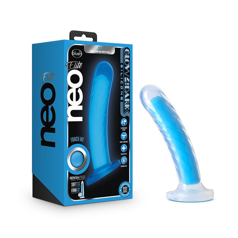 Neo Elite Glow in the Dark Tao 7 in. Dual - Density Dildo Neon Blue - Royal Sins