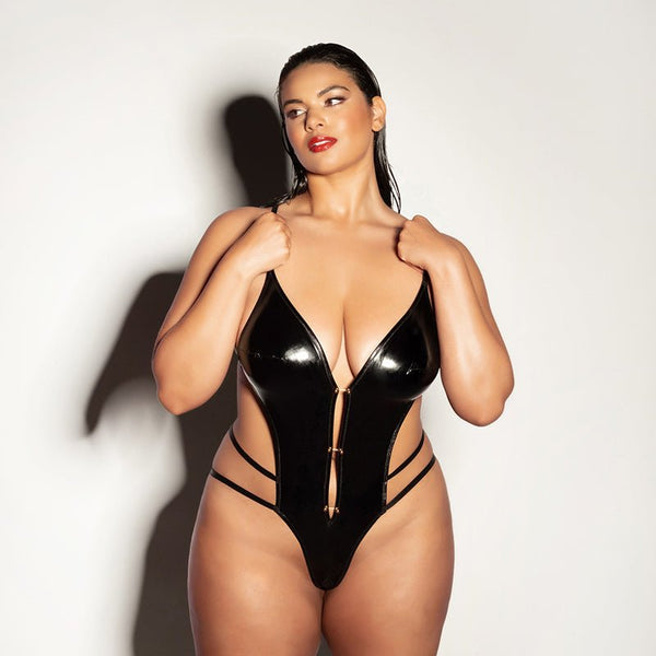 Oh La La Cheri Whipped Soft Cup Open Gusset Vinyl Teddy with Barbell Trim Queen Size - Royal Sins