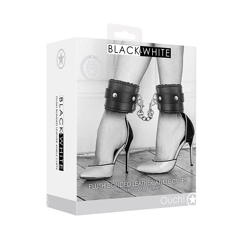 Ouch! Black & White Adjustable Plush Bonded Leather Ankle Cuffs Black - Royal Sins