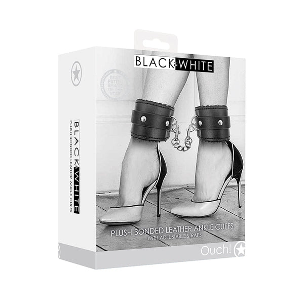Ouch! Black & White Adjustable Plush Bonded Leather Ankle Cuffs Black - Royal Sins