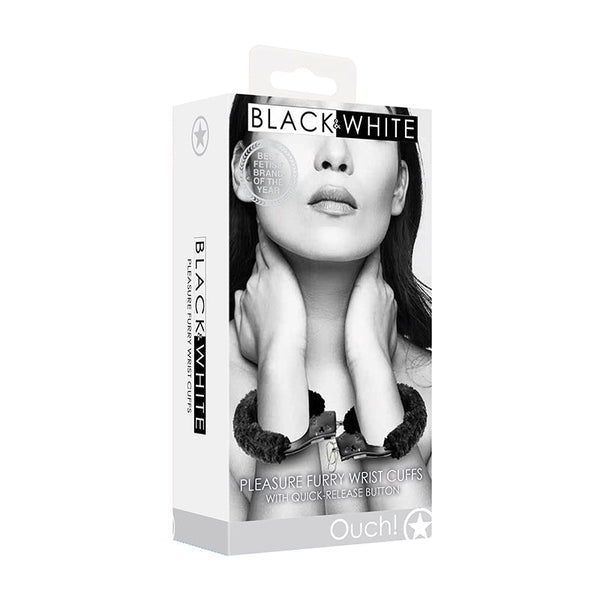 Ouch! Black & White Beginner Pleasure Furry Wrist Cuffs With Quick - Release Button Black - Royal Sins