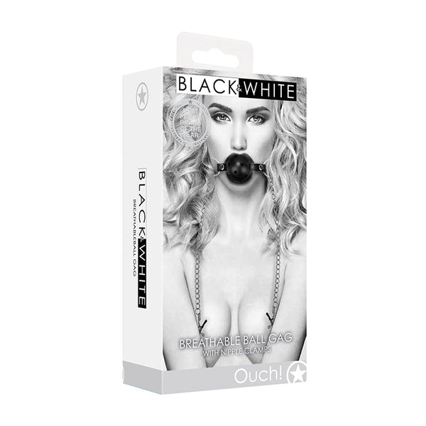 Ouch! Black & White Breathable Ball Gag With Nipple Clamps Black - Royal Sins
