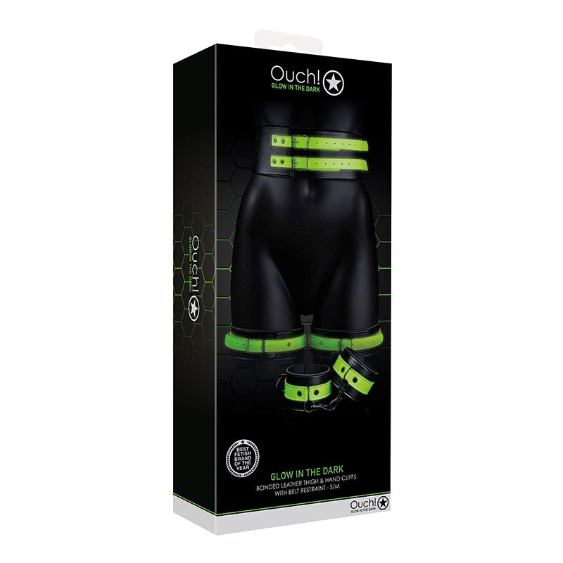 Ouch! Glow in the Dark 5 - Piece Bonded Leather Thigh & Handcuffs With Belt Restraint Neon Green S/M - Royal Sins