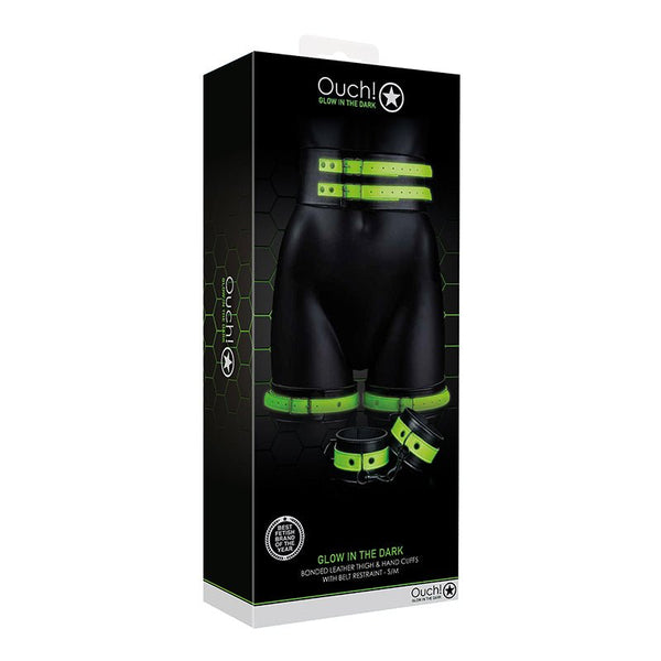 Ouch! Glow in the Dark 5 - Piece Bonded Leather Thigh & Handcuffs With Belt Restraint Neon Green S/M - Royal Sins