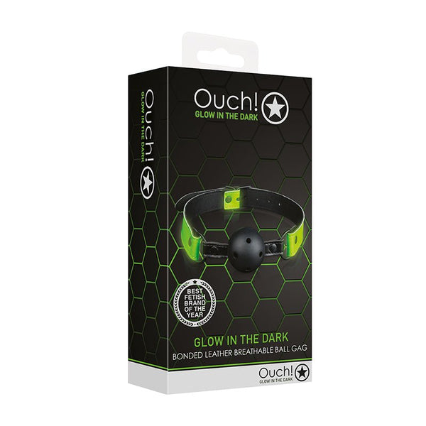 Ouch! Glow in the Dark Bonded Leather Breathable Ball Gag Neon Green - Royal Sins