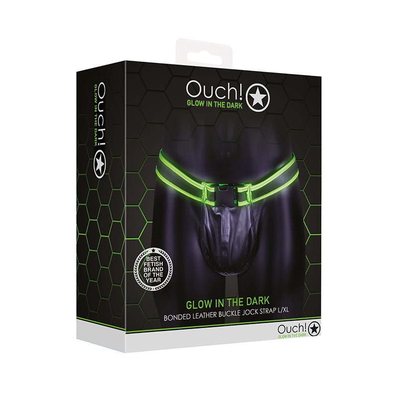 Ouch! Glow in the Dark Bonded Leather Buckle Jock Strap Neon Green L/XL - Royal Sins
