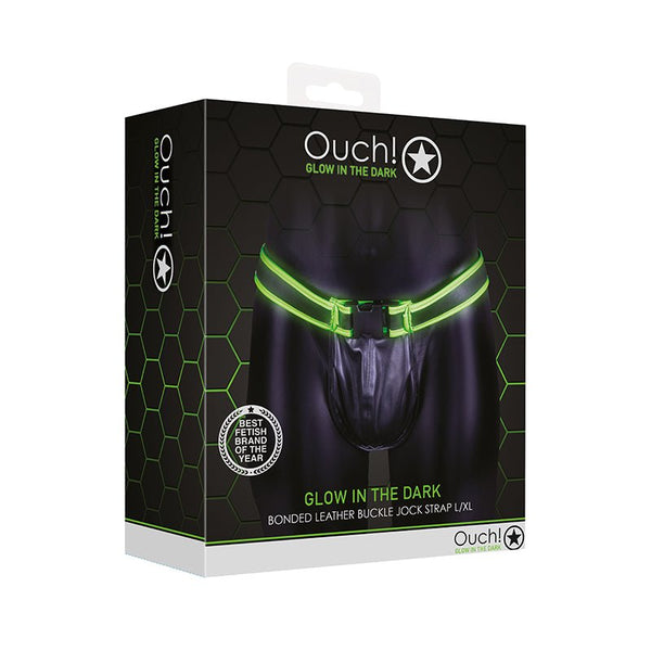 Ouch! Glow in the Dark Bonded Leather Buckle Jock Strap Neon Green L/XL - Royal Sins