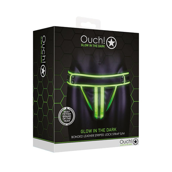 Ouch! Glow in the Dark Bonded Leather Striped Jockstrap Neon Green S/M - Royal Sins
