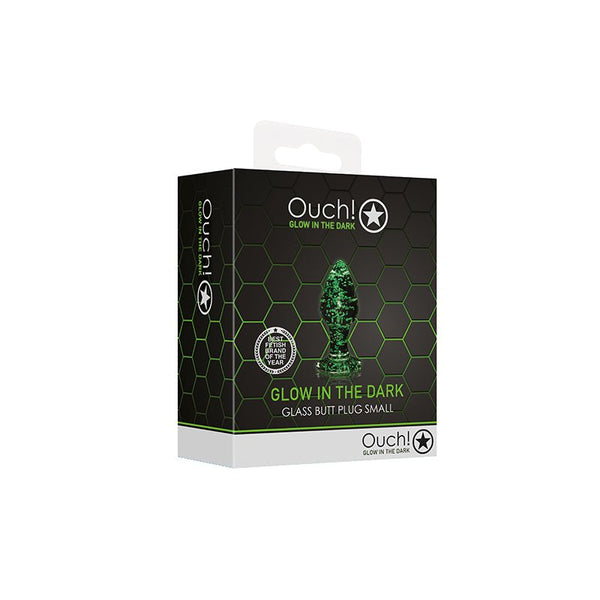Ouch! Glow in the Dark Glass Anal Plug Clear/Green Small - Royal Sins