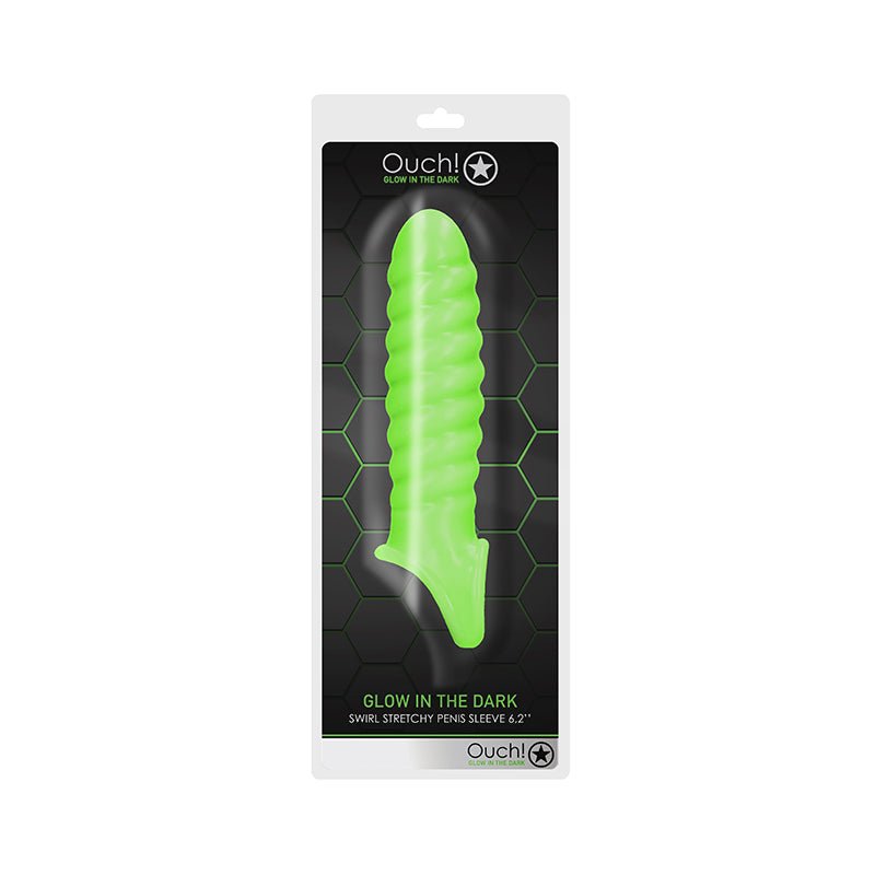 Ouch! Glow in the Dark Swirl Stretchy 6.2 in. Penis Sleeve Neon Green - Royal Sins