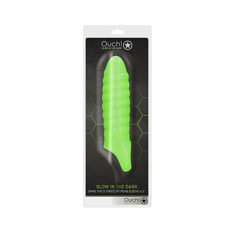 Ouch! Glow in the Dark Swirl Thick Stretchy 6.3 in. Penis Sleeve Neon Green - Royal Sins