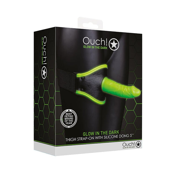 Ouch! Glow in the Dark Thigh Strap - On Harness With 5 in. Silicone Dildo Neon Green - Royal Sins