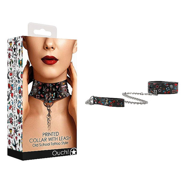 Ouch! Old School Tattoo Style Adjustable Printed Collar With Leash Multi - Color - Royal Sins