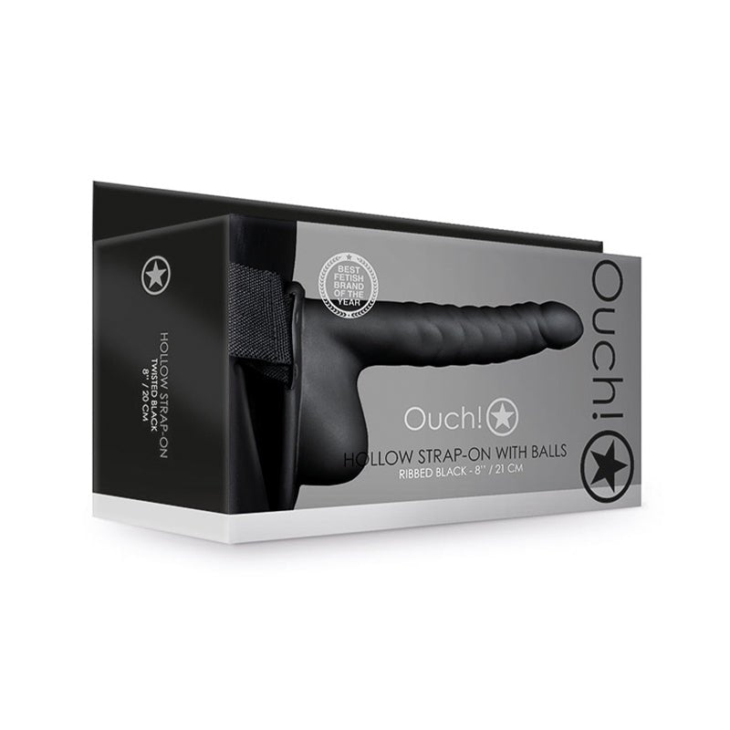 Ouch! Ribbed 8 in. Hollow Strap - On with Balls Black - Royal Sins