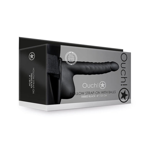 Ouch! Ribbed 8 in. Hollow Strap - On with Balls Black - Royal Sins