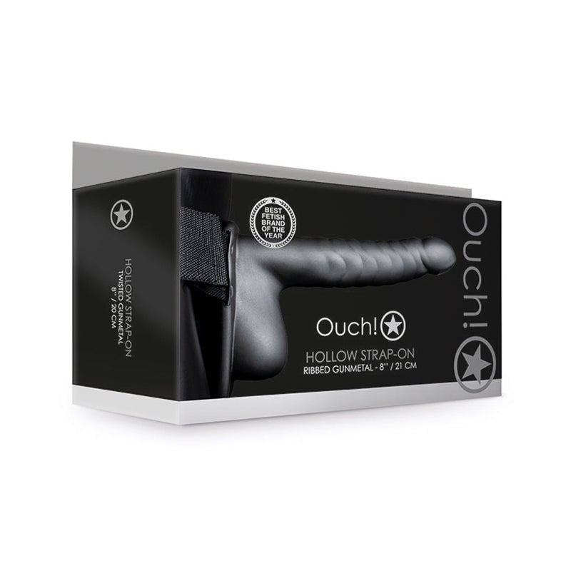 Ouch! Ribbed 8 in. Hollow Strap - On with Balls Gunmetal - Royal Sins