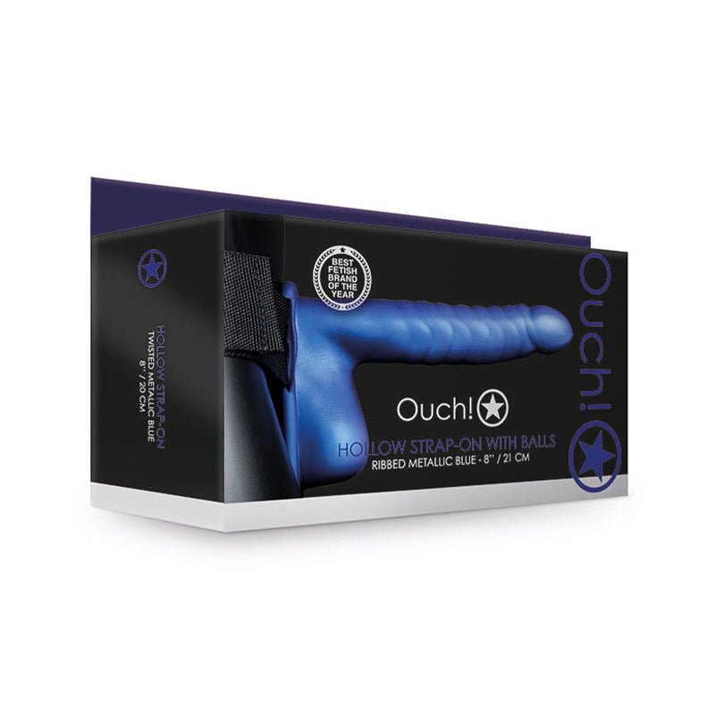 Ouch! Ribbed 8 in. Hollow Strap - On with Balls Metallic Blue - Royal Sins