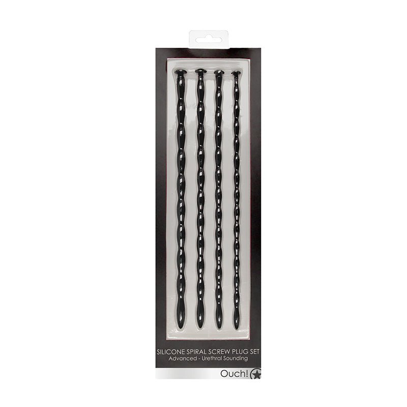 Ouch! Urethral Sounding Advanced Silicone Spiral Screw Plug Set Black 7 mm / 8 mm / 9 mm / 10 mm - Royal Sins