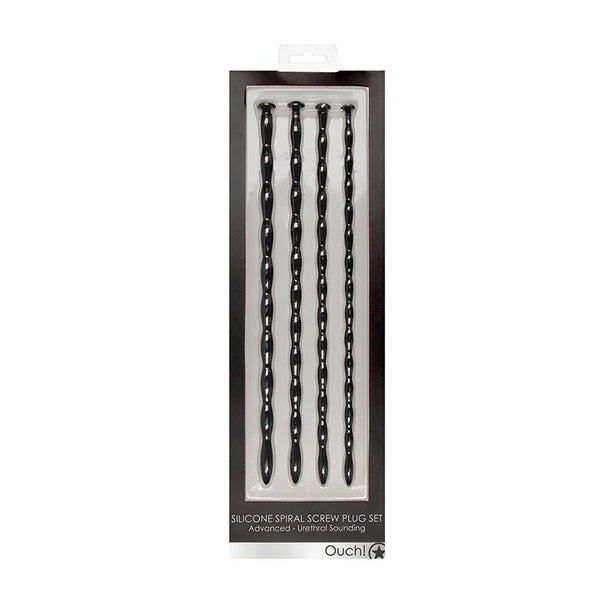 Ouch! Urethral Sounding Advanced Silicone Spiral Screw Plug Set Black 7 mm / 8 mm / 9 mm / 10 mm - Royal Sins