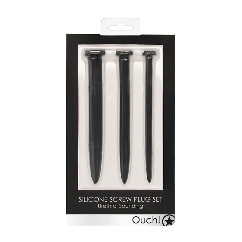 Ouch! Urethral Sounding Silicone Screw Plug Set Black 9 mm / 13 mm / 16.5 mm - Royal Sins