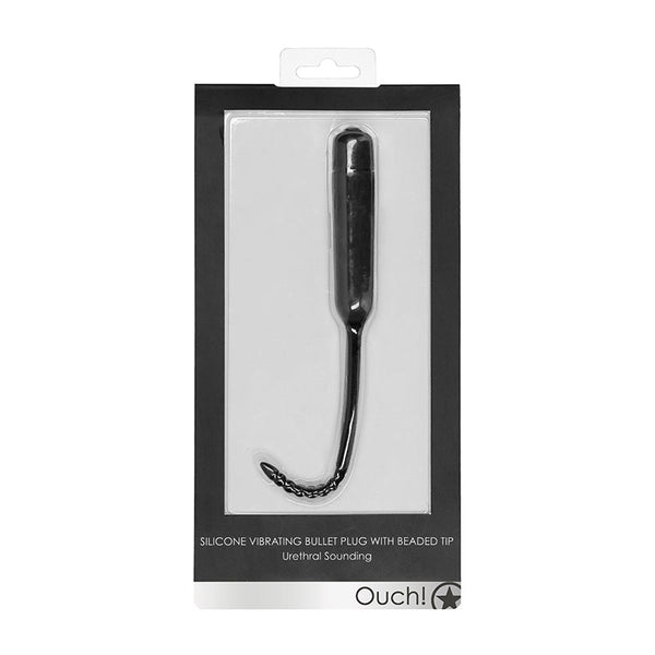 Ouch! Urethral Sounding Silicone Vibrating Bullet Plug With Beaded Tip Black 5.5 mm - 7 mm - Royal Sins
