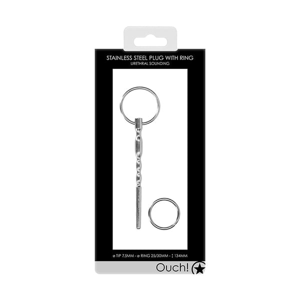 Ouch! Urethral Sounding Stainless Steel Plug With Ring 7.5 mm - Royal Sins