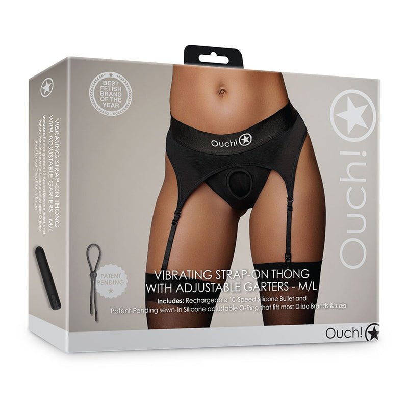 Ouch! Vibrating Strap - on Thong with Adjustable Garters Black M/L - Royal Sins
