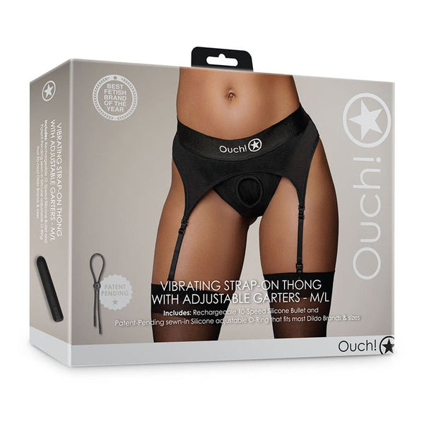 Ouch! Vibrating Strap - on Thong with Adjustable Garters Black M/L - Royal Sins