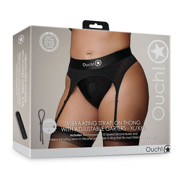 Ouch! Vibrating Strap - on Thong with Adjustable Garters Black XL/2XL - Royal Sins