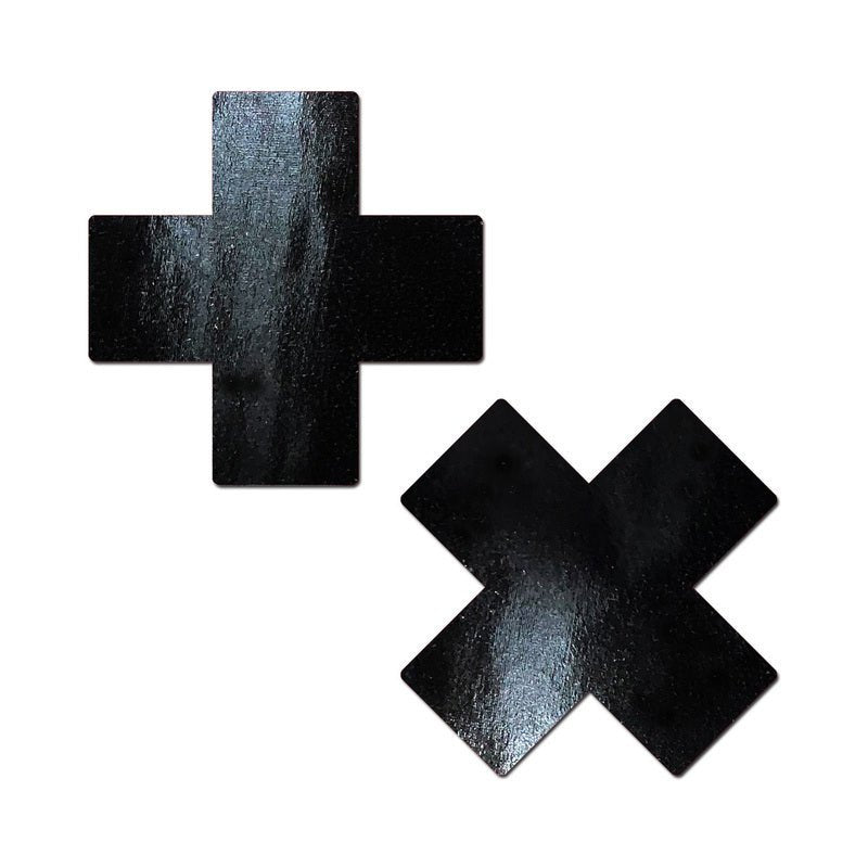 Pastease Plus X: Faux Latex Pleather Vinyl Black Cross Pasties - Royal Sins