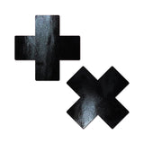 Pastease Plus X: Faux Latex Pleather Vinyl Black Cross Pasties - Royal Sins