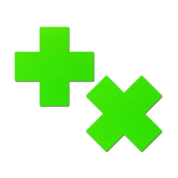 Pastease Plus X: Neon Green Day - Glow Lycra Cross Nipple Pasties - Royal Sins