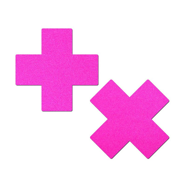 Pastease Plus X: Neon Pink Day - Glow Lycra Cross Nipple Pasties - Royal Sins