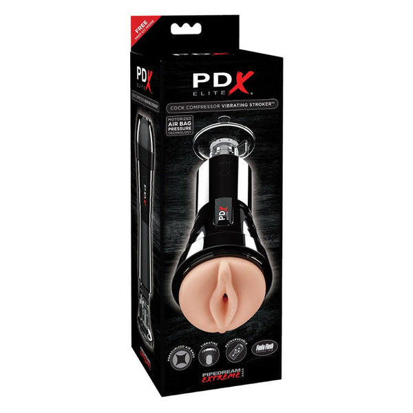 PDX Elite Cock Compressor Rechargeable Vibrating Stroker With Hands - Free Suction Cup Beige/Black - Royal Sins