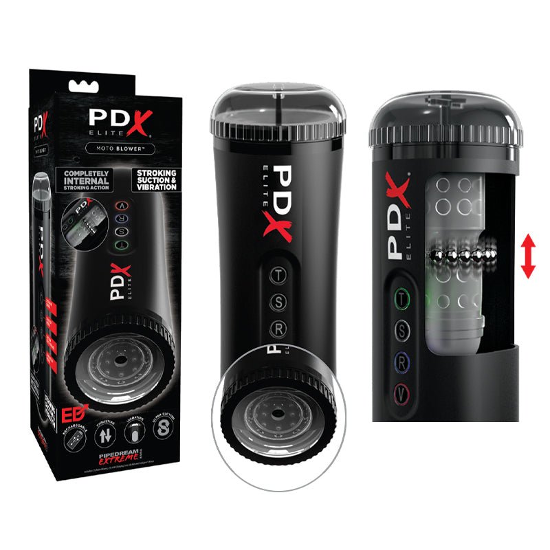 PDX Elite Moto Blower Rechargeable Thrusting Vibrating Suction Masturbator Clear/Black - Royal Sins