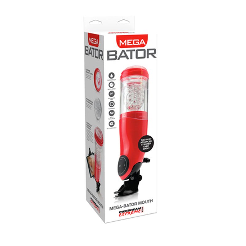 PDX Mega - Bator Mouth Rechargeable Rotating Thrusting Stroker With Hands - Free Suction Cup Clear/Red - Royal Sins