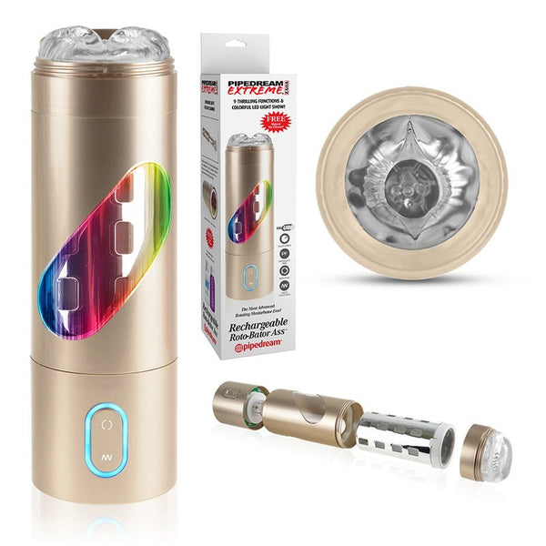 PDX Rechargeable Roto - Bator Ass Light - Up Rotating Stroker Clear/Gold - Royal Sins