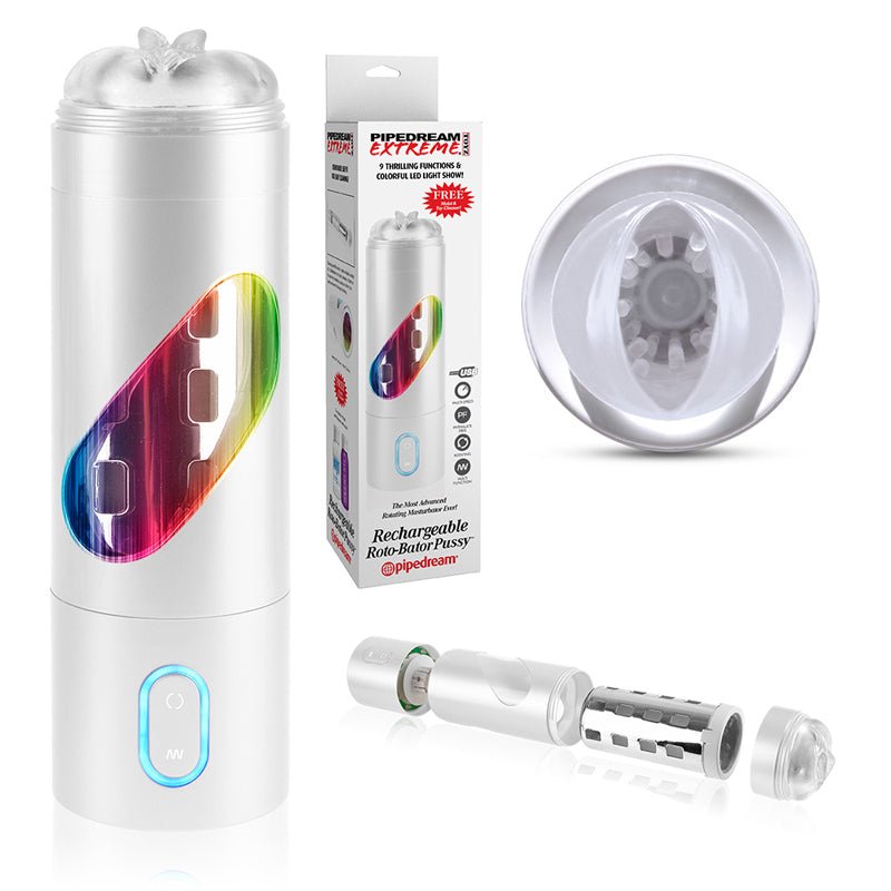 PDX Rechargeable Roto - Bator Pussy Light - Up Rotating Stroker Clear/White - Royal Sins