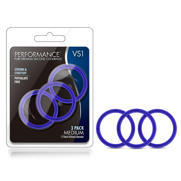 Performance VS1 Pure Premium Silicone Cockrings 3 - Pack Medium Indigo - Royal Sins