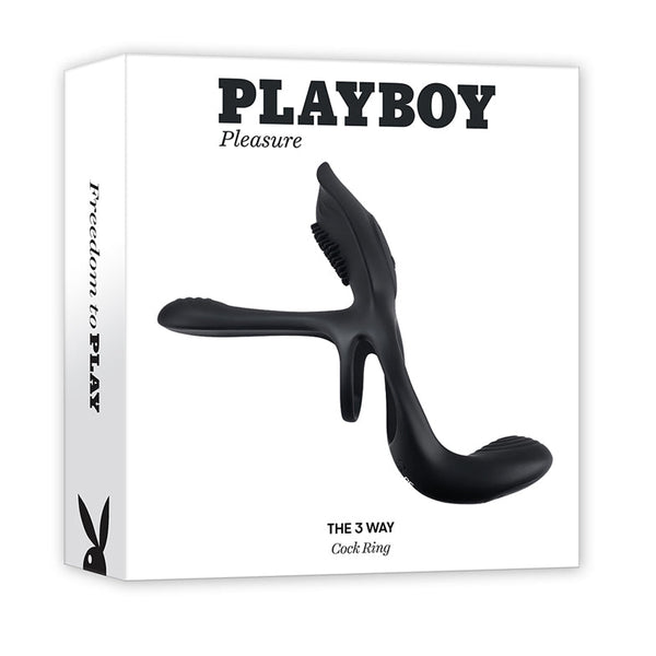 Playboy The 3 Way Rechargeable Remote Controlled Vibrating Silicone Cockring with Stimulator Black - Royal Sins