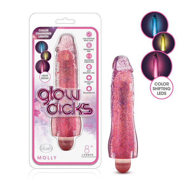 Glow Dicks Molly Color Changing 8 in. Vibrating Dildo Glitter Pink