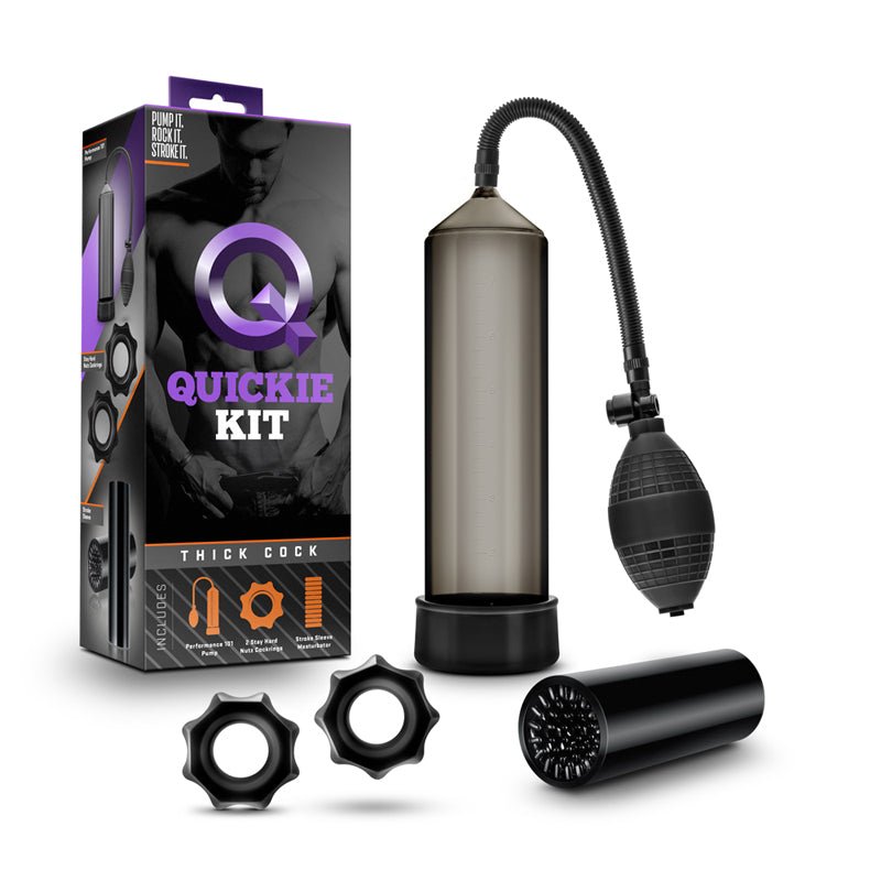 "Quickie Kit Thick Cock Pump, Stroker & 2 - Piece Cockring Set Black" - Royal Sins