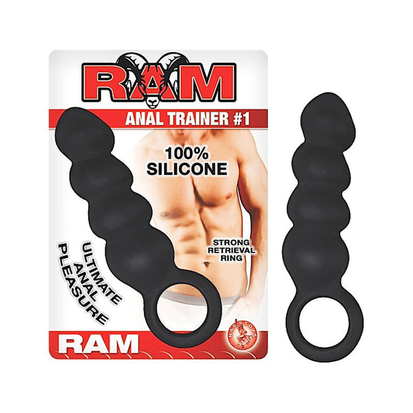 Ram Anal Trainer 1 4in. Silicone Rippled Anal Plug With Retrieval Ring (Black) - Royal Sins